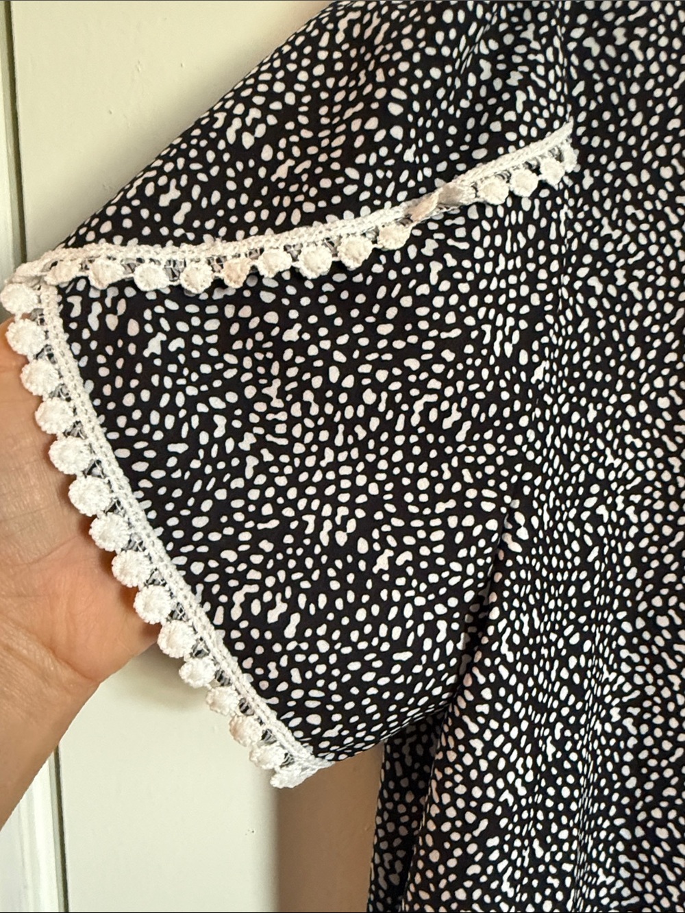 Black & White Dot Short Sleeve Blouse with Lace Trim - Picture 2 of 4